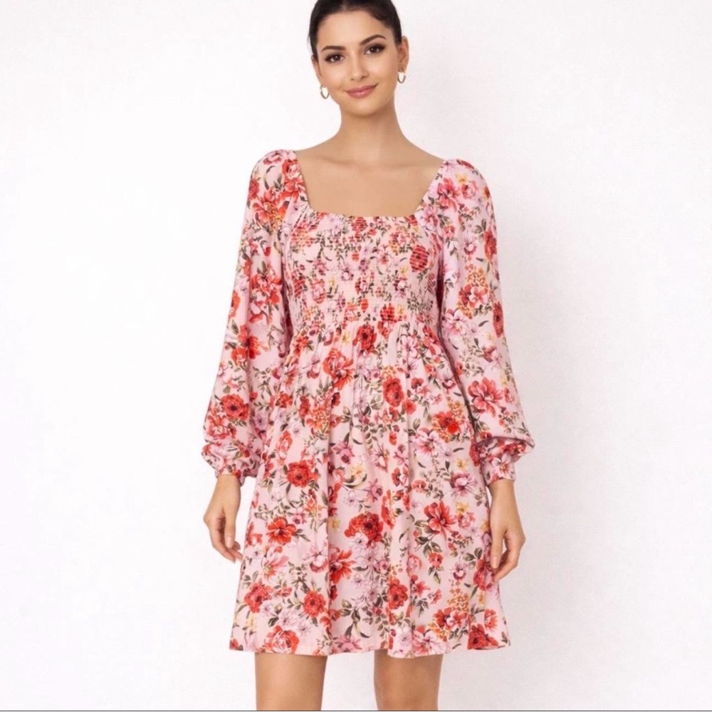 Floral Smocked Square-Neck Mini Dress - Pink plus size